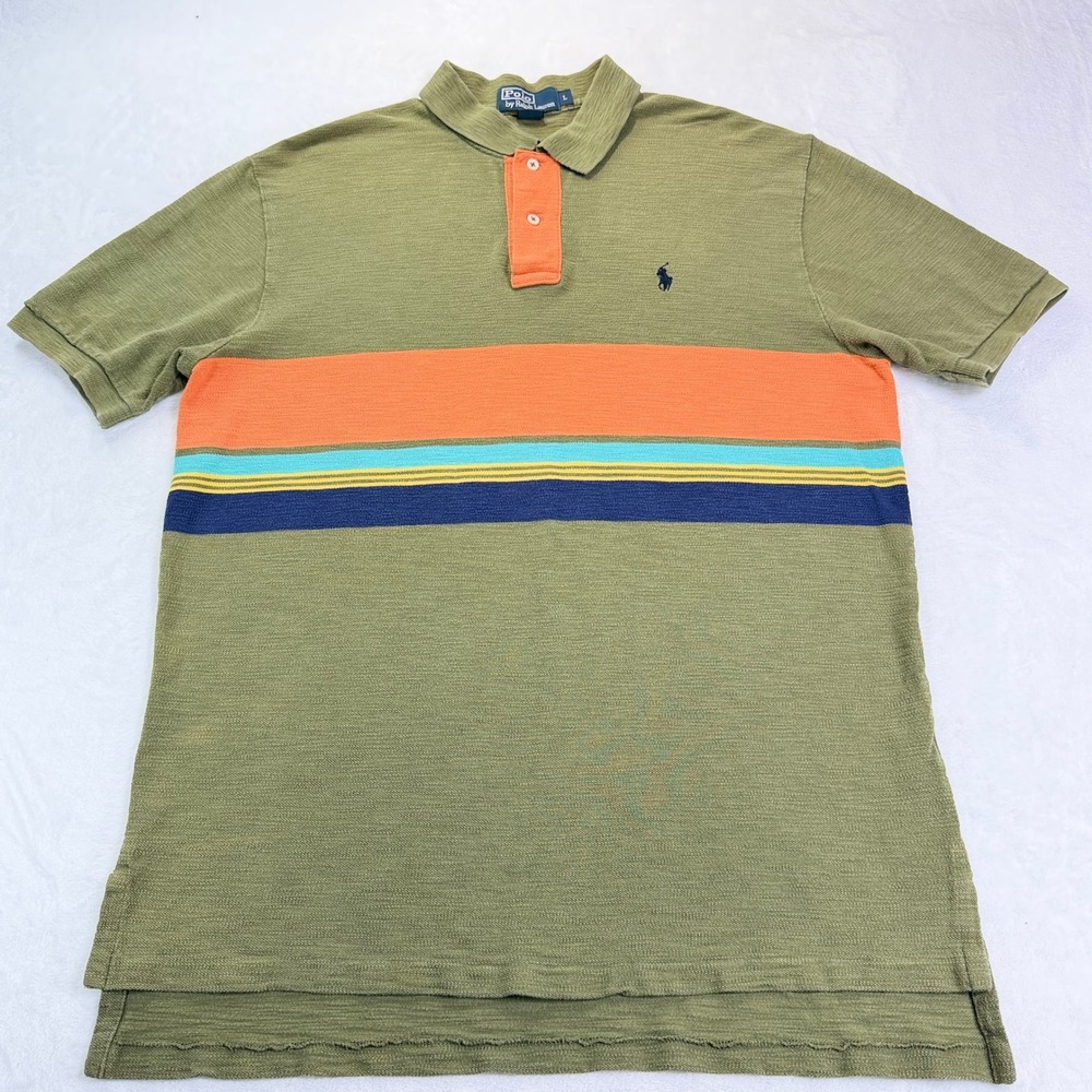 VTG Polo Ralph Lauren Mens L Olive Green Colorblock S/S Polo Preppy (Flaw)